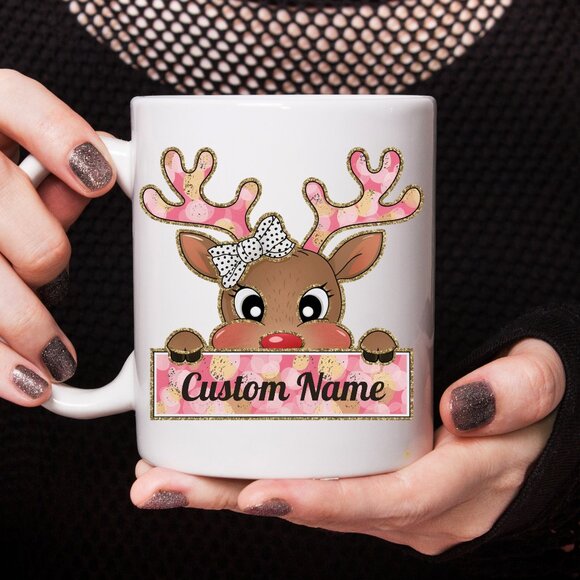 🎀 Personalized Glitter Pink Christmas Reindeer Mug - Custom Name for Kids, Girl - Picture 1 of 4